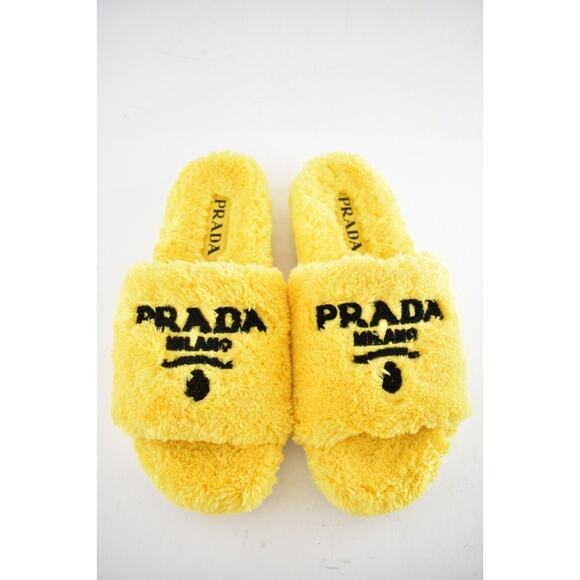 Prada Yellow Terry Cloth Black Logo Slide Sandal Rubber Sole Flip Flop Flat 38 - Picture 8 of 12